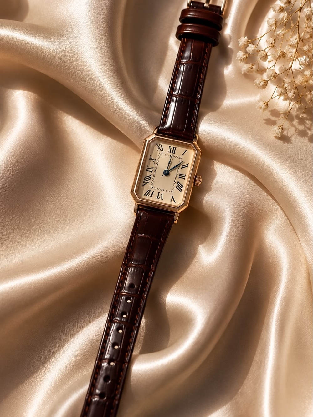 Classic Rectangular Gold-Tone Watch with Brown Leather Strap - Picture 1 of 6